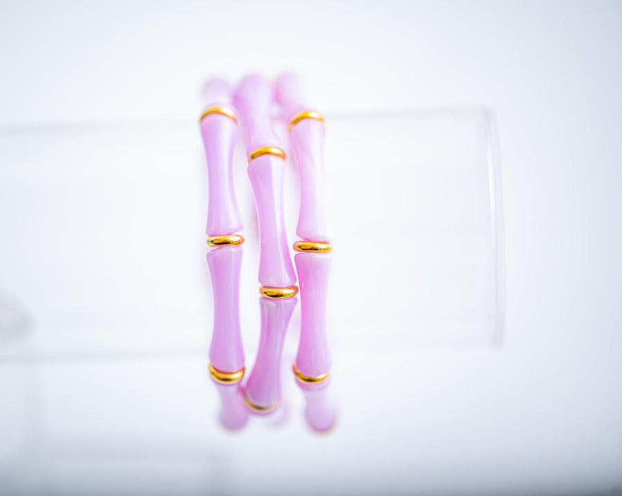 The Thin Bridgette Bamboo Acrylic Bangle Set in Marbled Lilac (in Gold or Silver)