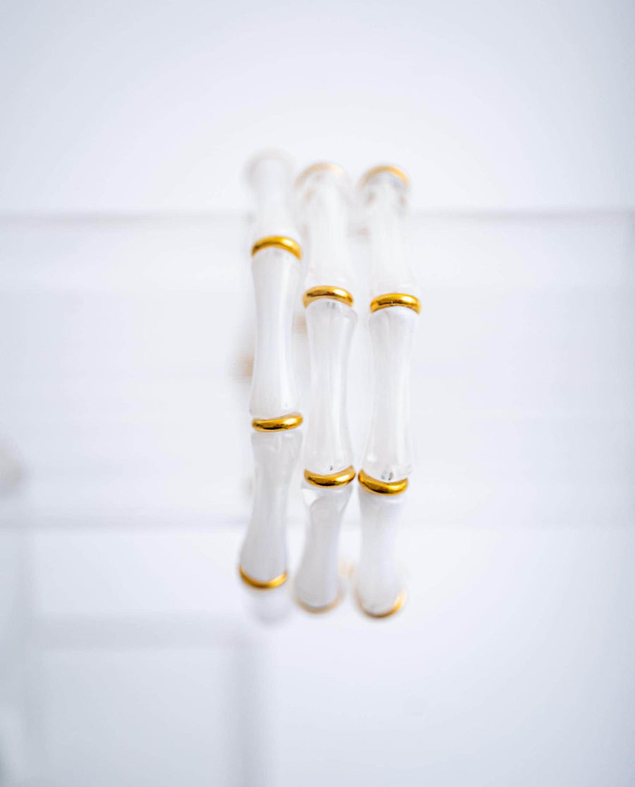 The Thin Bridgette Bamboo Acrylic Bangle Bracelet in Marbled Cloudy White (Gold or Silver) - Set of 3