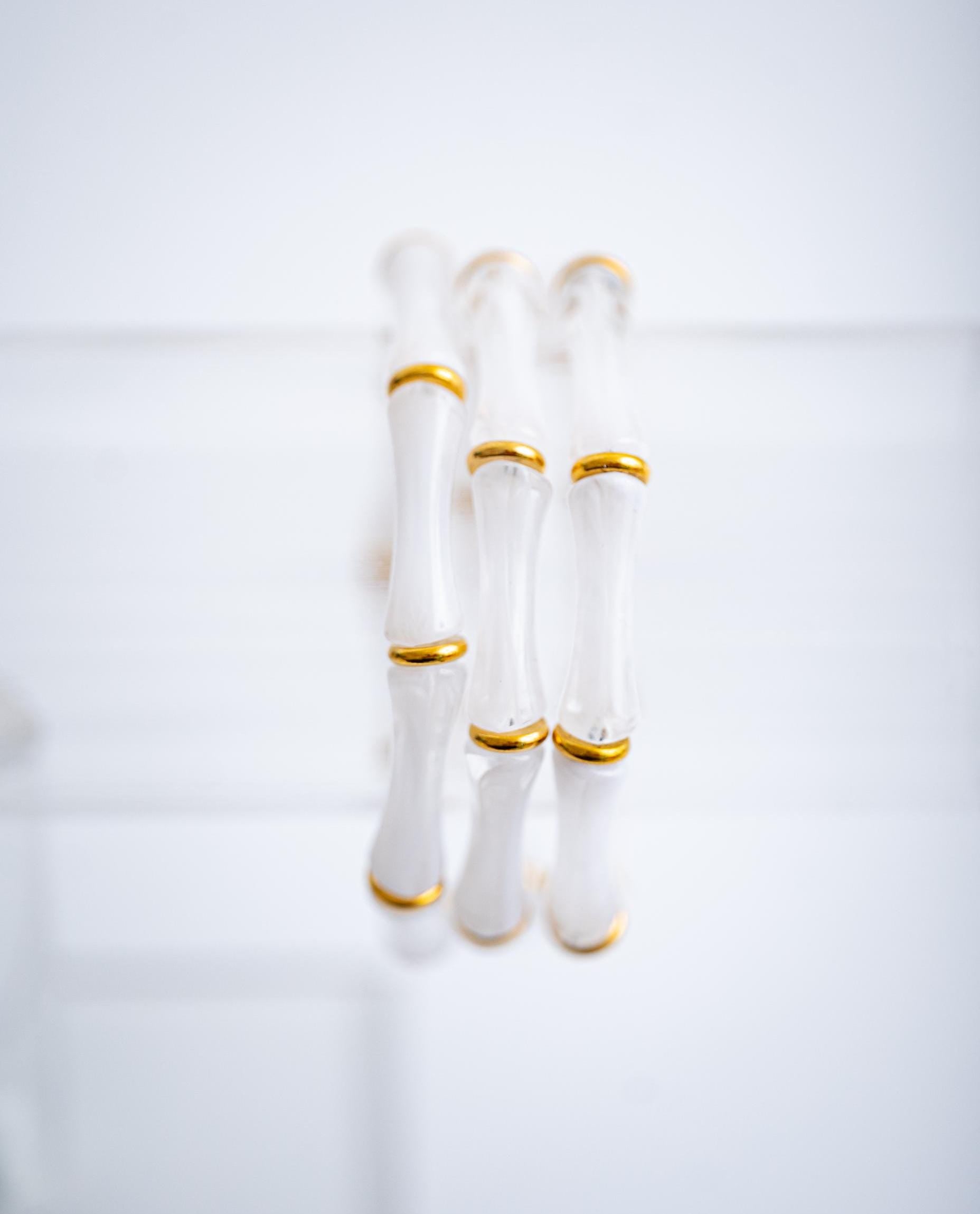The Thin Bridgette Bamboo Acrylic Bangle Bracelet in Marbled Cloudy White (Gold or Silver)