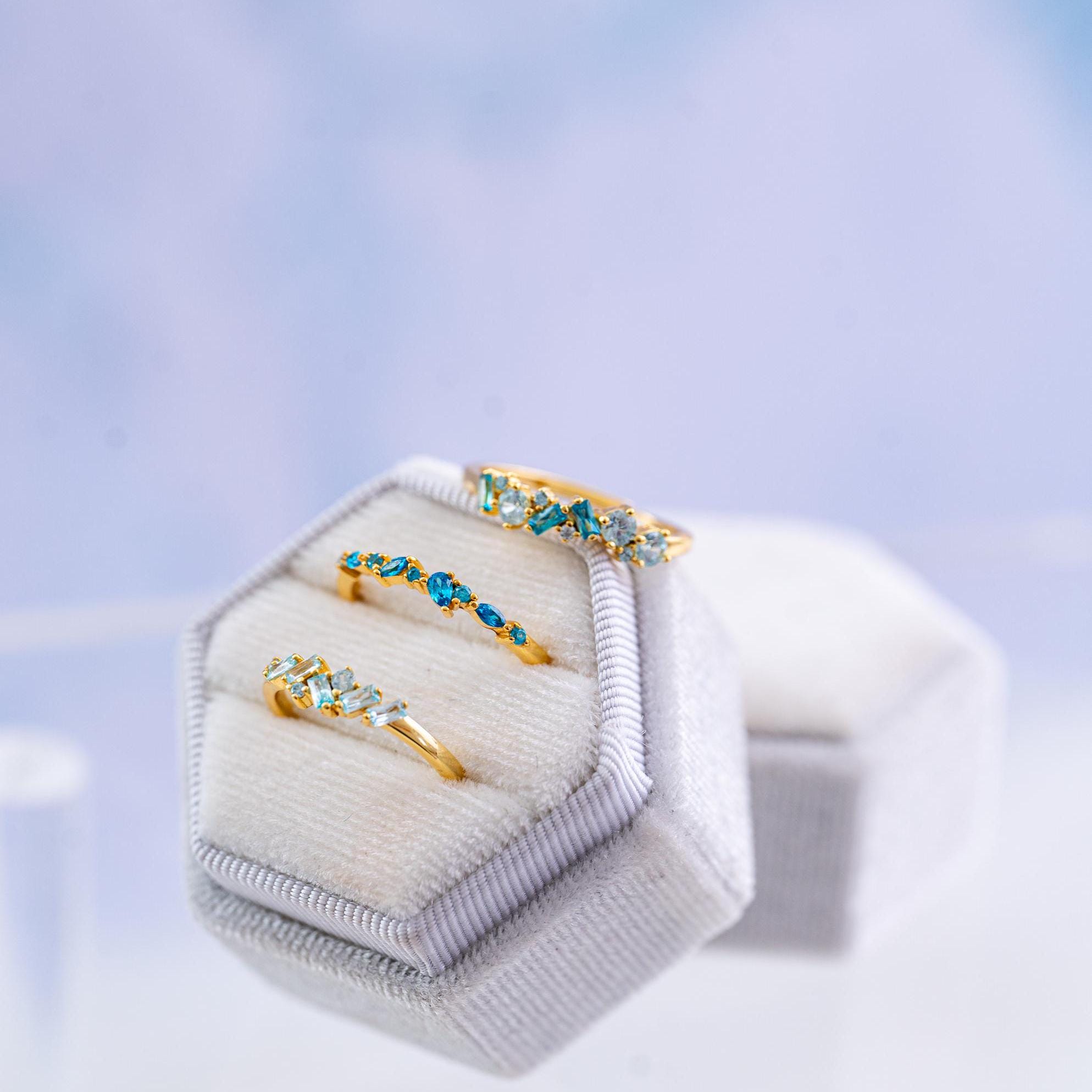 The Hazel Dainty & Delicate Stacking Stone Ring in Gold - Adjustable - Light Blue
