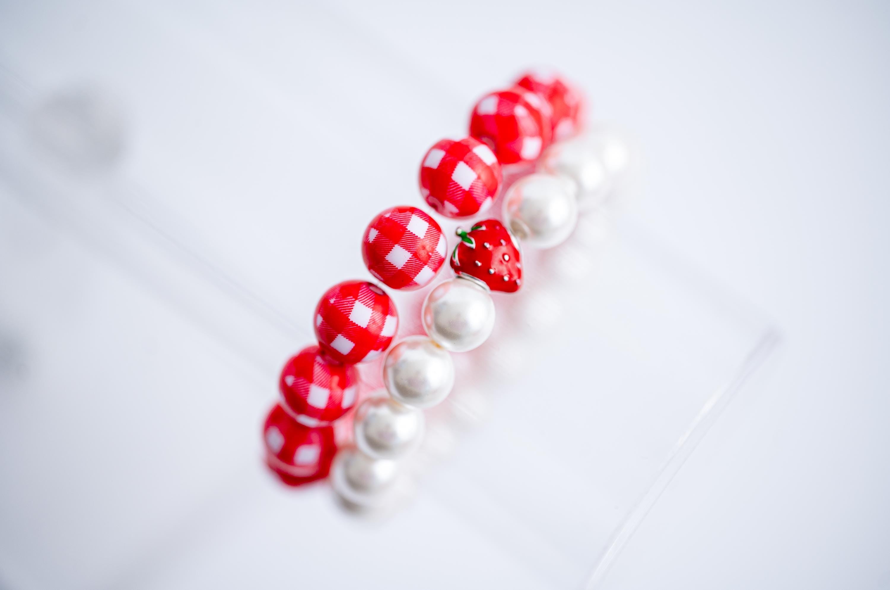 The Strawberry Wine Pearl & Red Gingham Summer Stack - Stretchy Bracelets