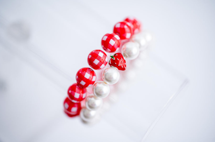 The Strawberry Wine Pearl & Red Gingham Summer Stack - Stretchy Bracelets