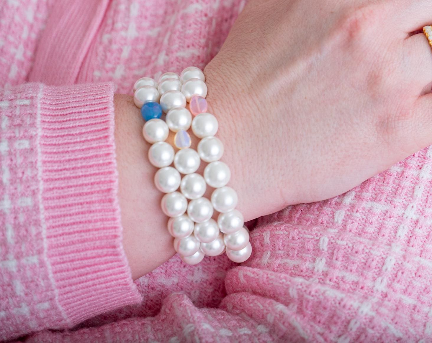 The Dancing on Dew Drops Opal & Pearl Stretchy Bracelet Stack
