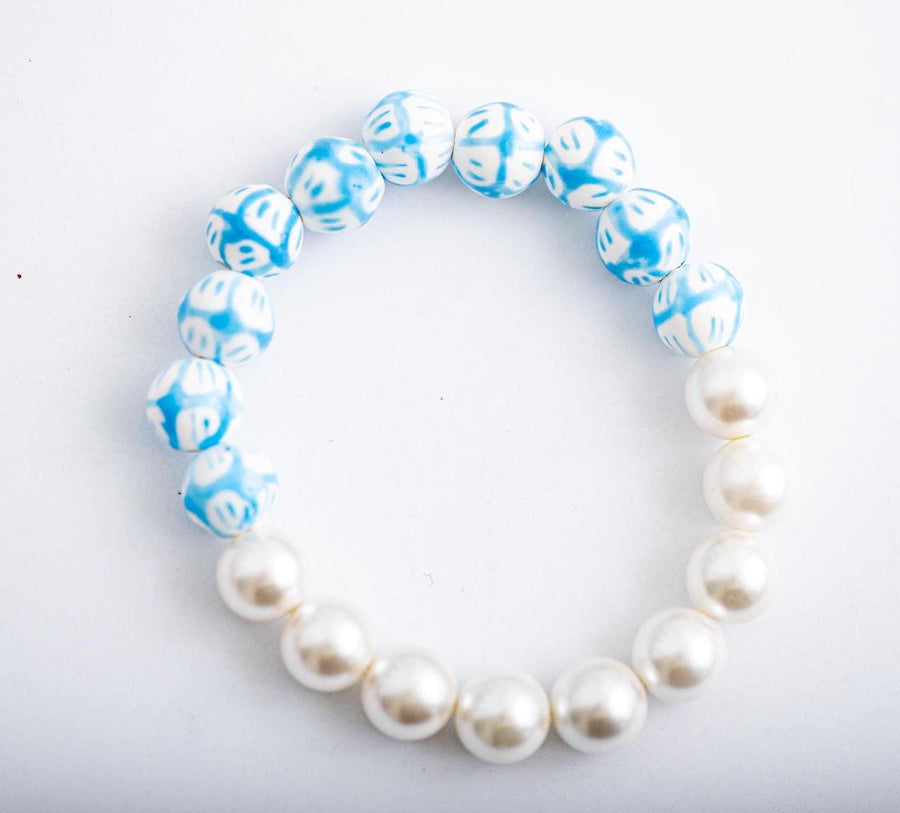 The On Island Time Pearl Chinoiserie Painted Bead Stretchy Bracelet