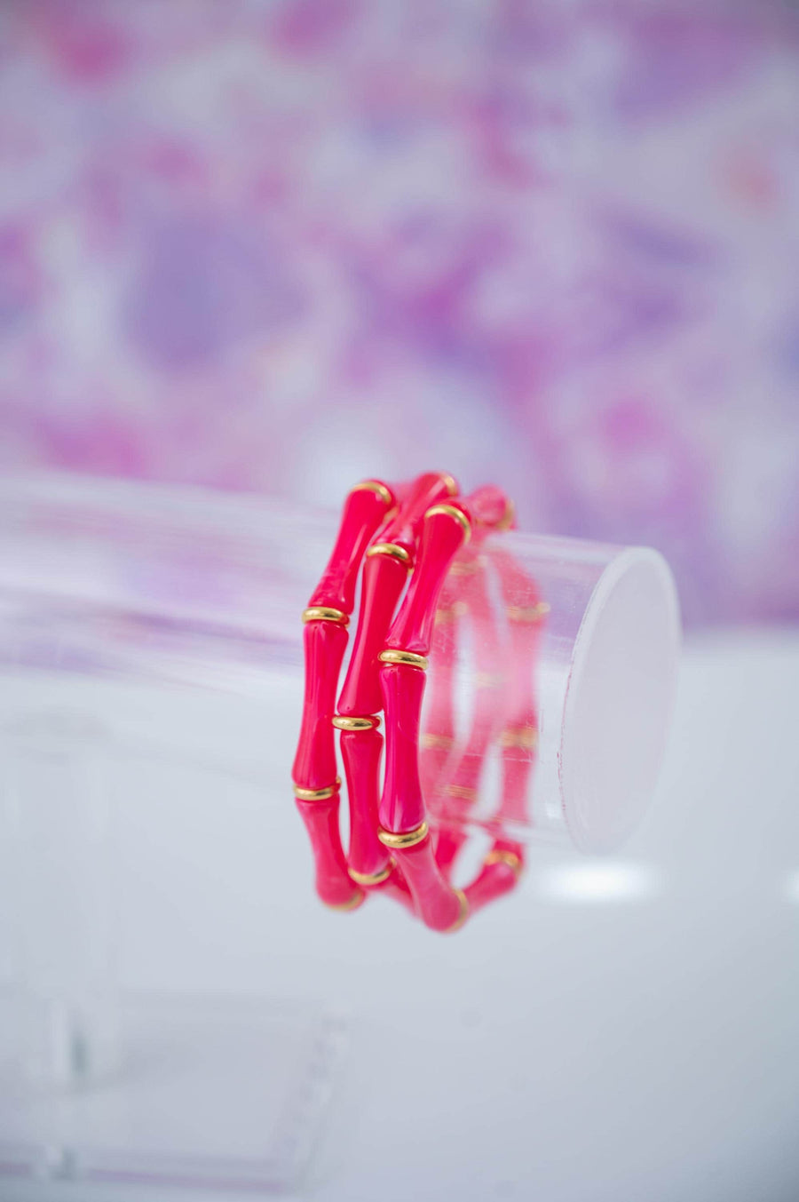 The Thin Bridgette Bamboo Acrylic Bangle Set in Marbled Hot Pink (in Gold or Silver)