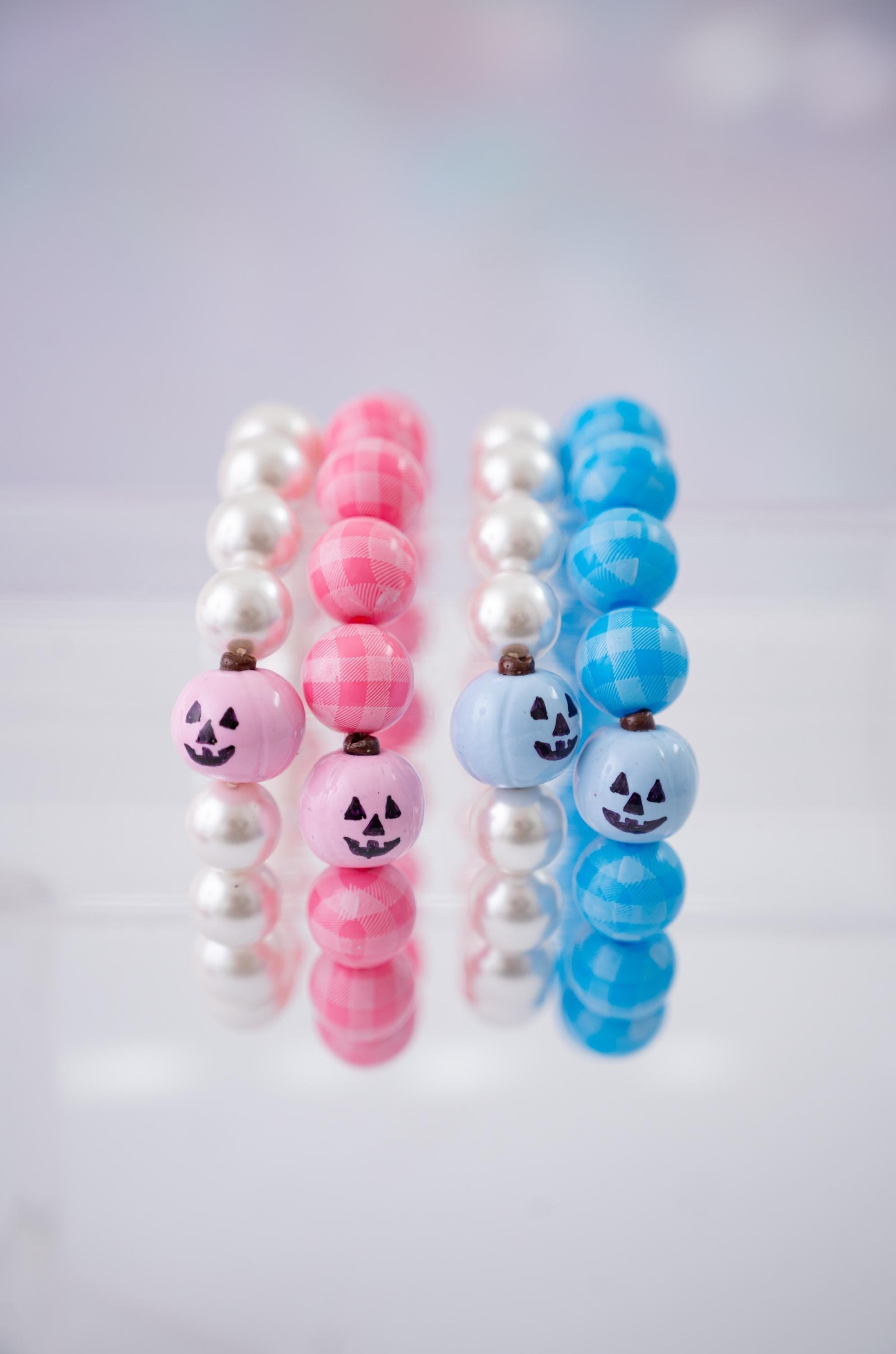 Only Here for the Treats Pumpkin Pearls & Gingham Stretchy Bracelet Stack - Pink