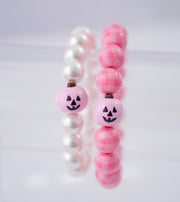Only Here for the Treats Pumpkin Pearls & Gingham Stretchy Bracelet Stack - Pink