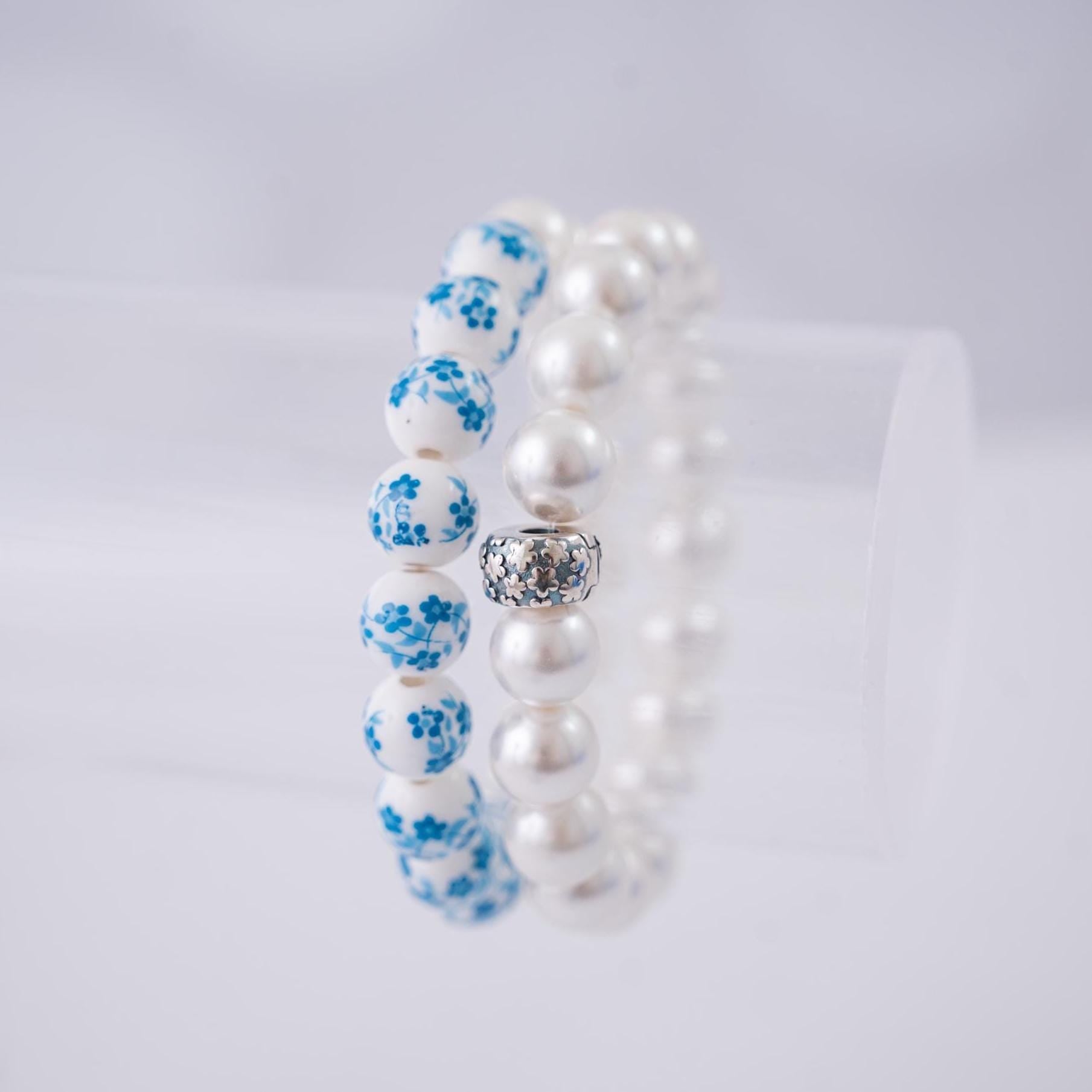 The Bed & Breakfast Shell Pearl Stretchy Bracelet with Sterling Silver Center Charm