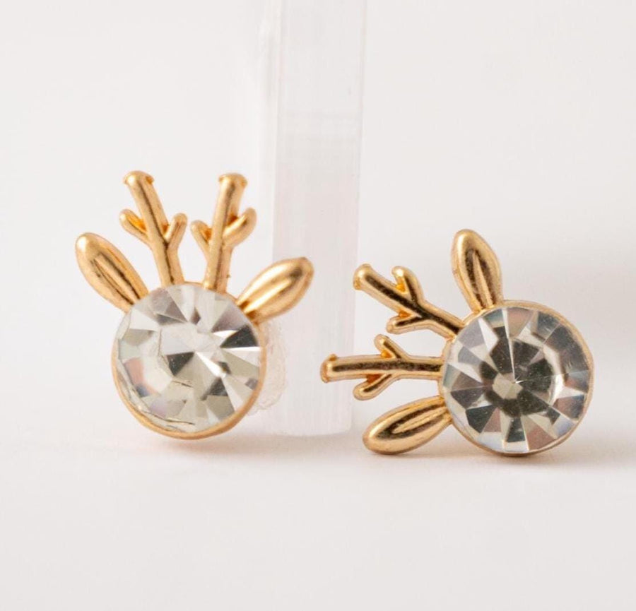 The Dainty & Delicate Tiny Reindeer Clear Zircon and Gold Stud Earrings
