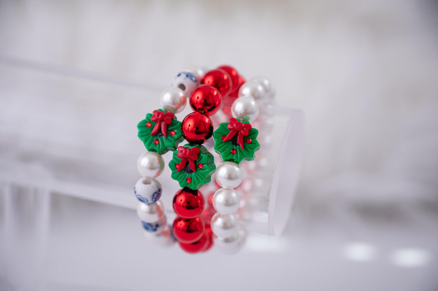 Tis The Season to Sparkle Christmas Wreath and Chinoiserie Stretchy Bracelet Stack