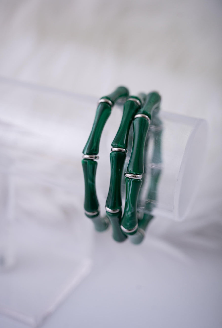 The Thin Bridgette Bamboo Acrylic Bangle Set in Marbled Hunter Green (in Gold or Silver)