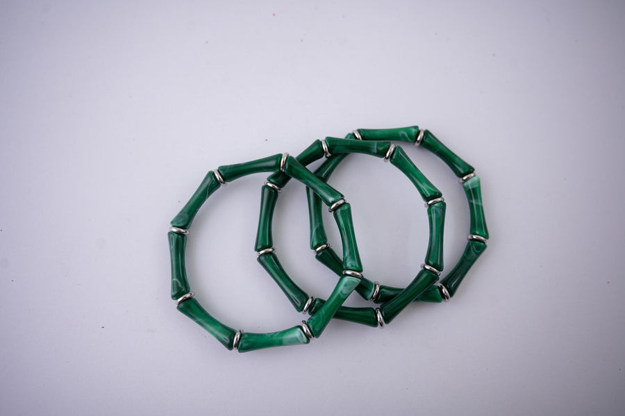 The Thin Bridgette Bamboo Acrylic Bangle Set in Marbled Hunter Green (in Gold or Silver)