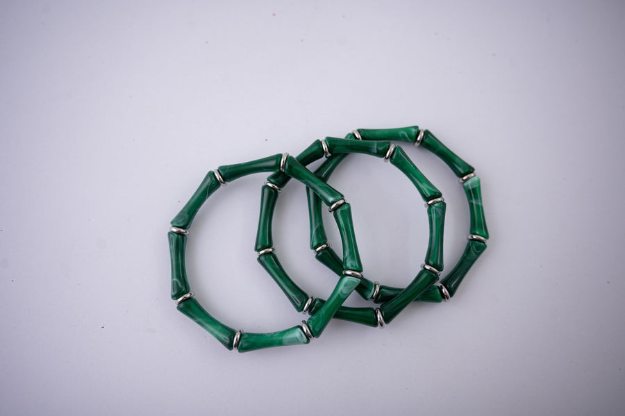 The Thin Bridgette Bamboo Acrylic Bangle Set in Marbled Hunter Green (in Gold or Silver)