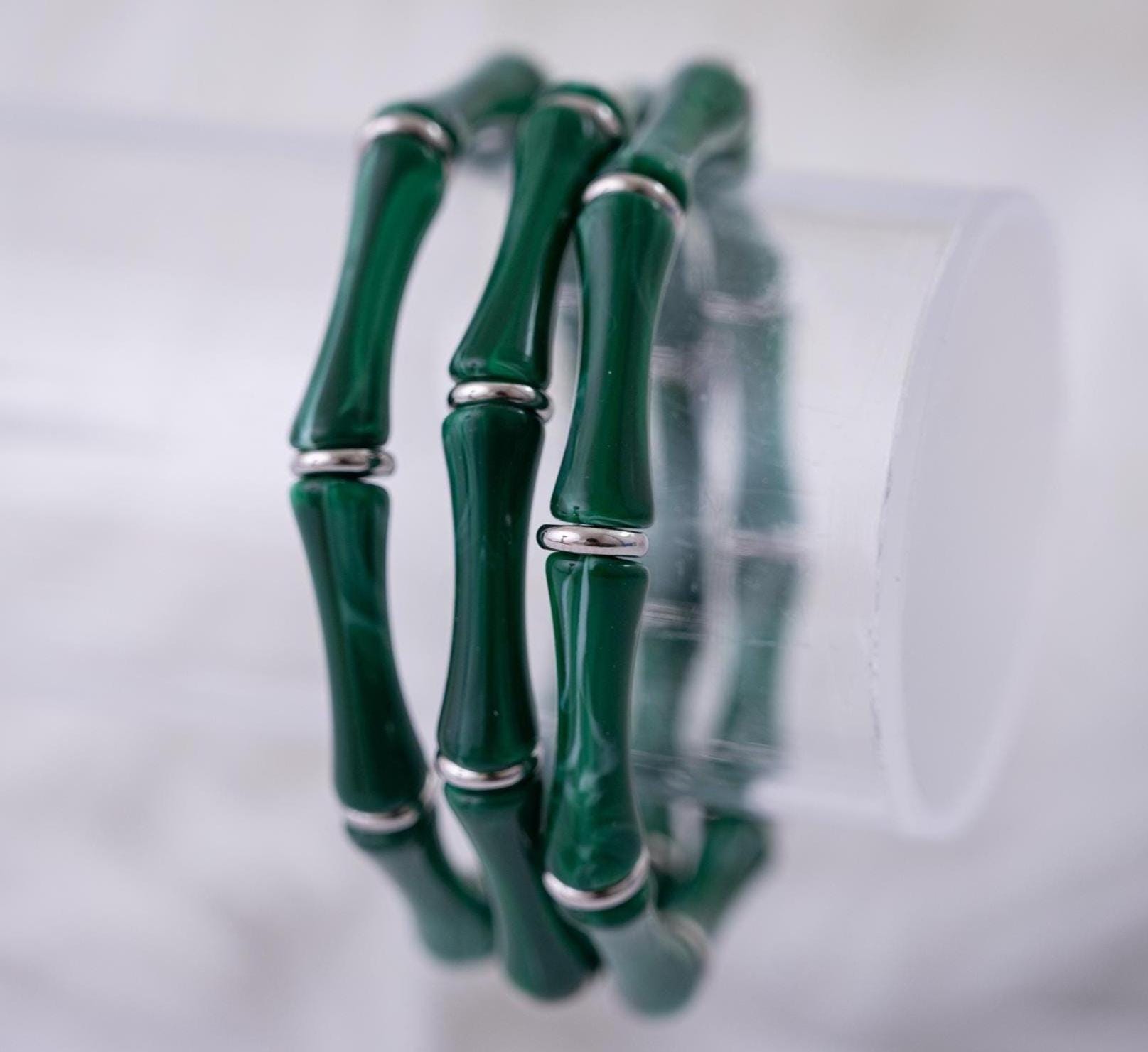 The Thin Bridgette Bamboo Acrylic Bangle Set in Marbled Hunter Green (in Gold or Silver)