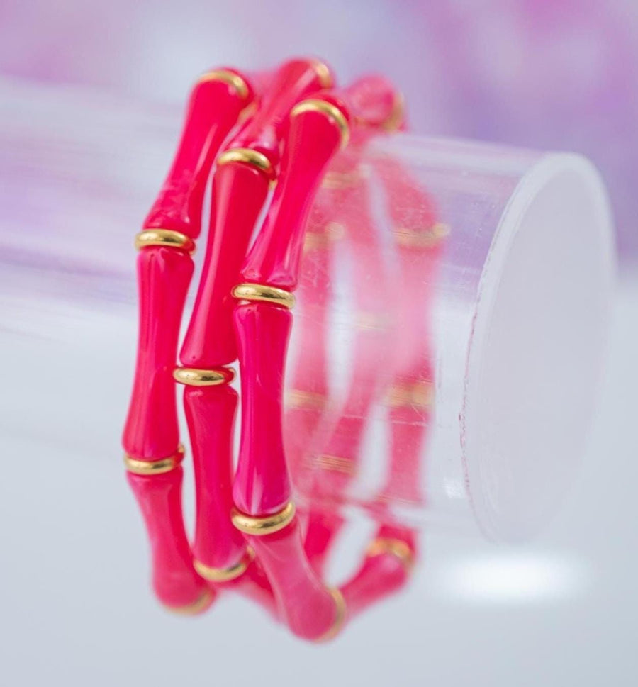 The Thin Bridgette Bamboo Acrylic Bangle Set in Marbled Hot Pink (in Gold or Silver)