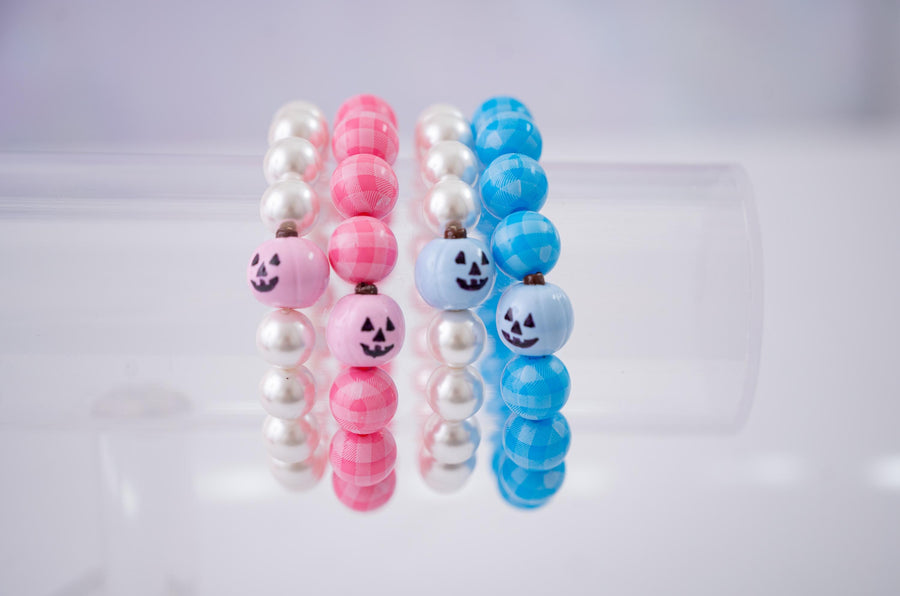 Only Here for the Treats Pumpkin Pearls & Gingham Stretchy Bracelet Stack - Pink