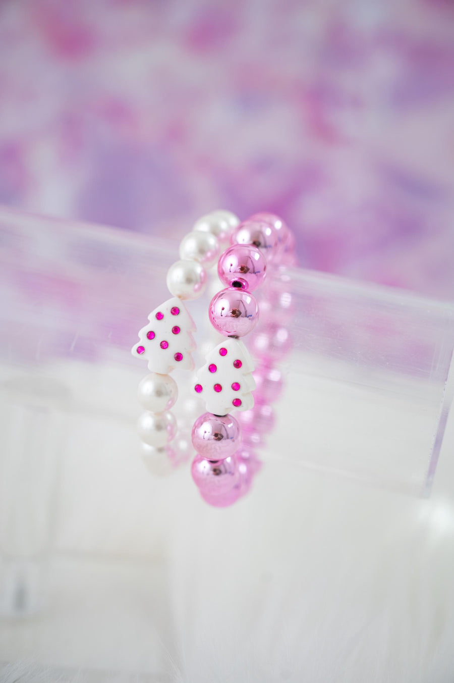 Home for the Holidays Christmas Tree Stretchy Bracelet Stack - Hot Pink