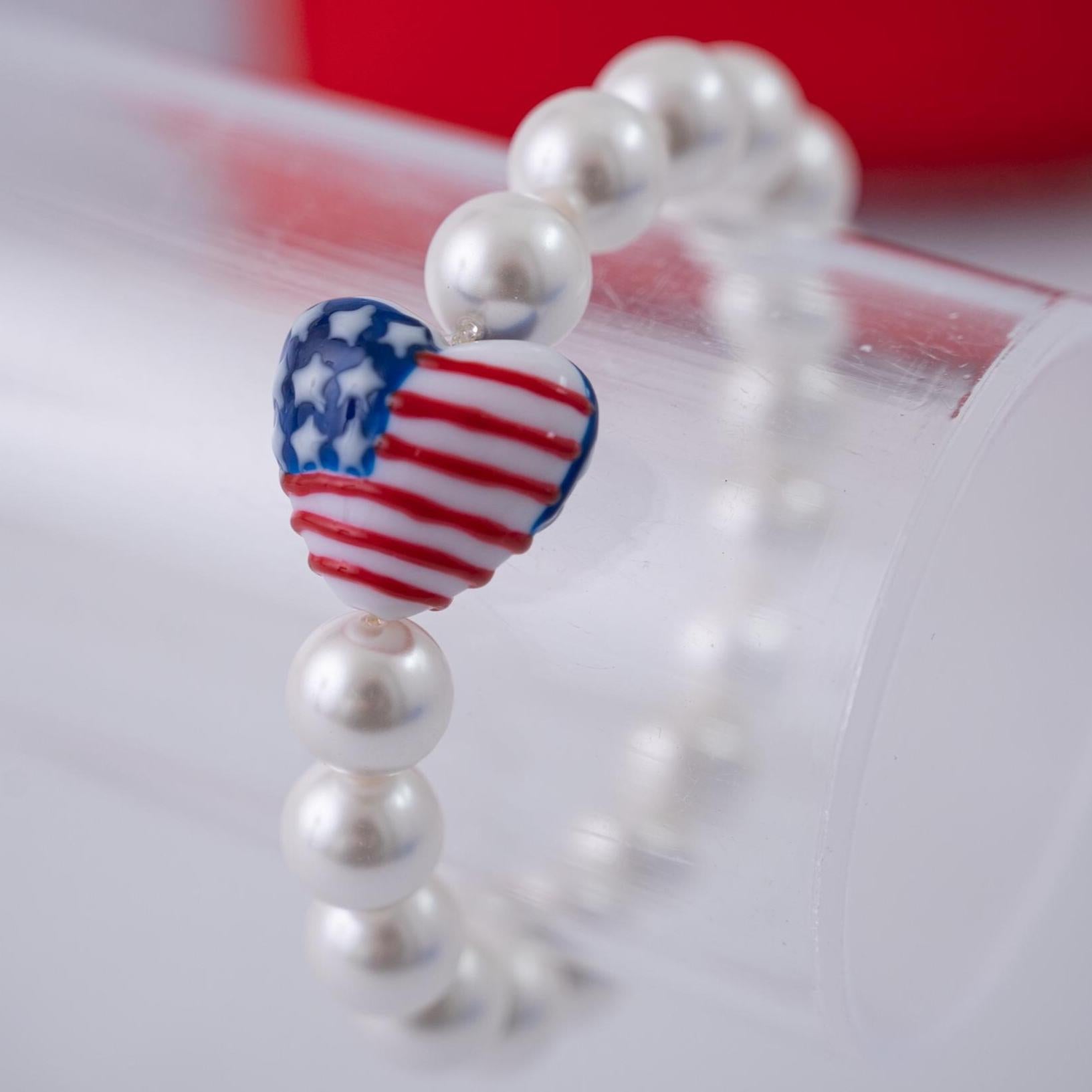 The Brave Hearts Patriotic Pearl Bracelet - Hand Painted Glass Bead