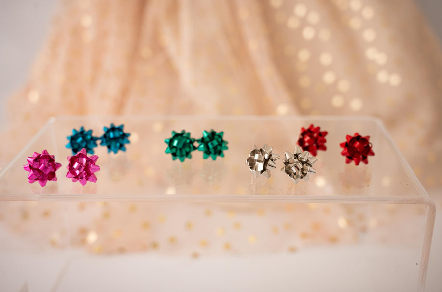 Classic Christmas Bow Stud Earrings - Blue