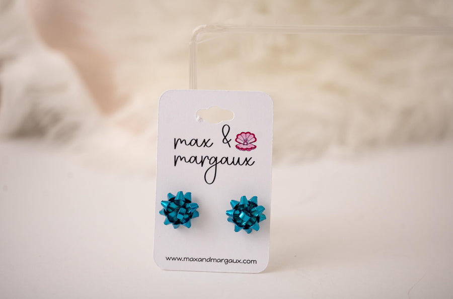 Classic Christmas Bow Stud Earrings - Blue