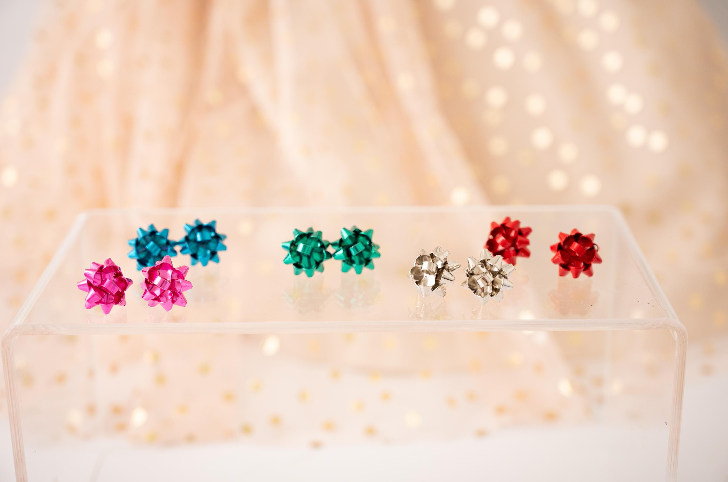 Classic Christmas Bow Stud Earrings - Blue