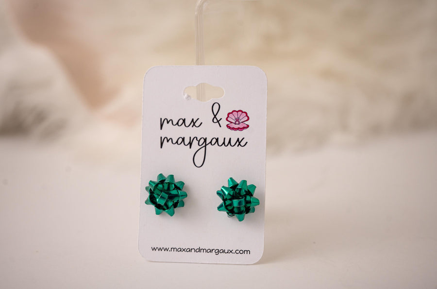 Classic Christmas Bow Stud Earrings - Green