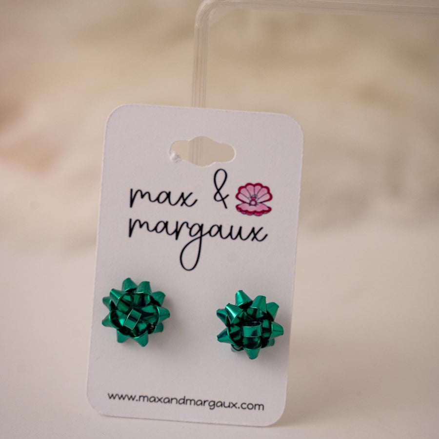 Classic Christmas Bow Stud Earrings - Green