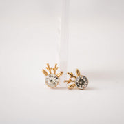 The Dainty & Delicate Tiny Reindeer Clear Zircon and Gold Stud Earrings