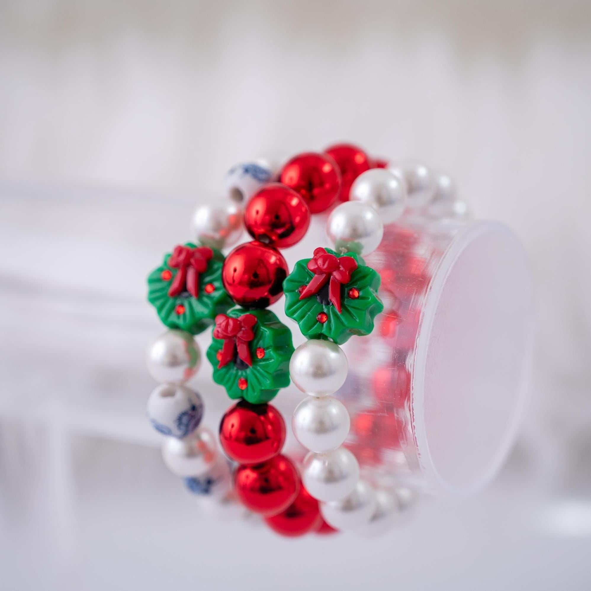 Tis The Season to Sparkle Christmas Wreath and Chinoiserie Stretchy Bracelet Stack