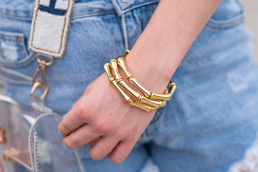 The Thin Bridgette Bamboo Acrylic Bangle Bracelet Set in Gold