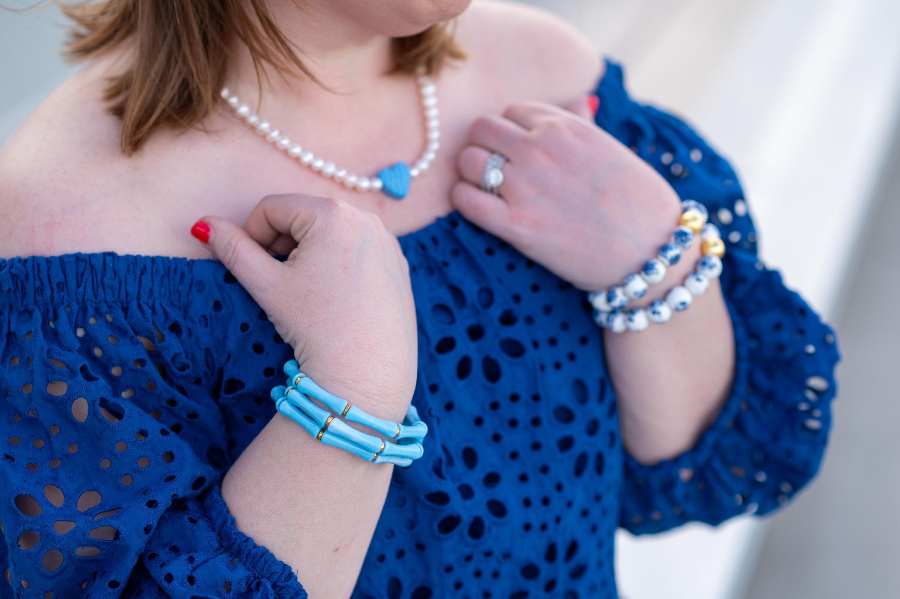The Thin Bridgette Bamboo Acrylic Bangle Bracelet in Sea Salt Blue (Gold or Silver)