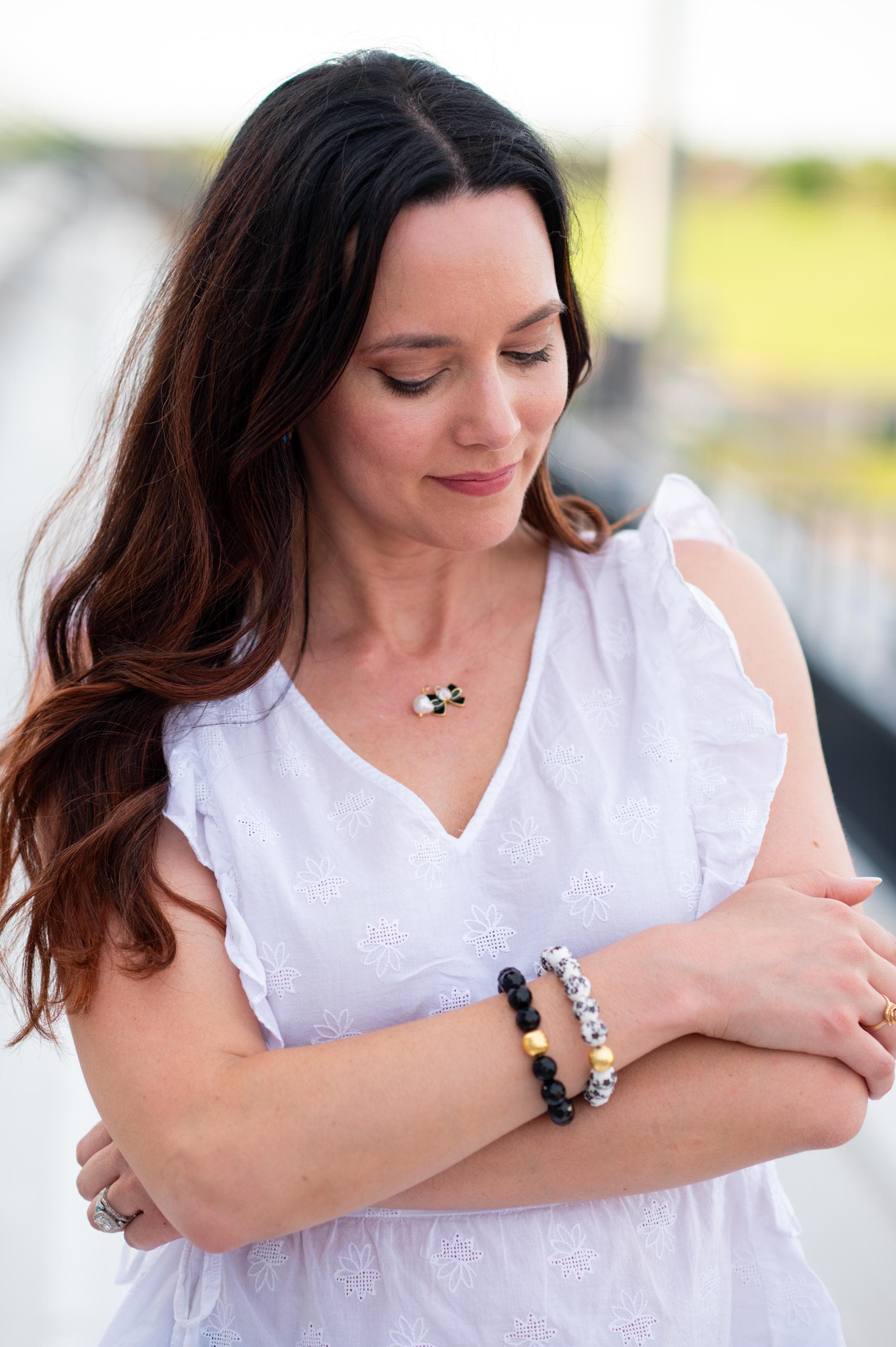 The Alouette Black Stone Bead Stretchy Bracelet with Brushed Gold Ball
