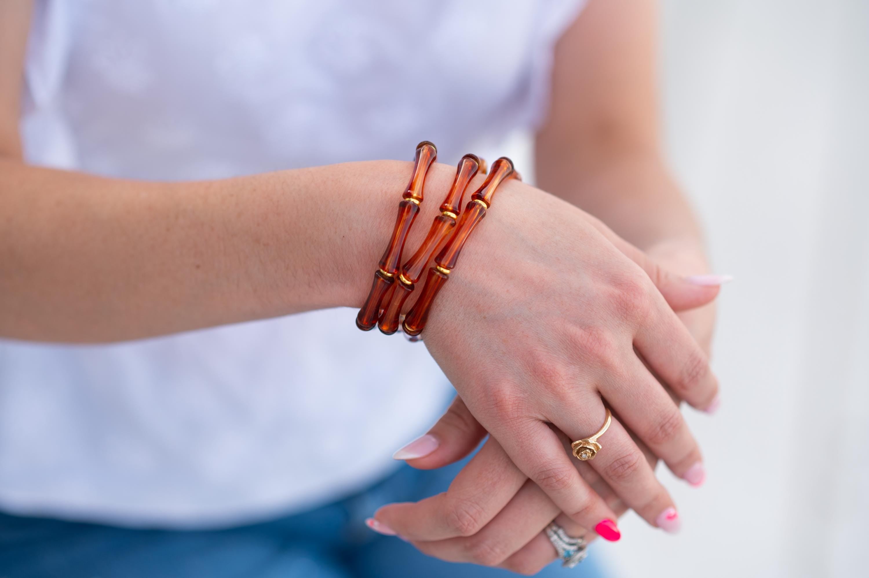 The Thin Bridgette Bamboo Acrylic Bangle Set in Tortoise (in Gold or Silver)