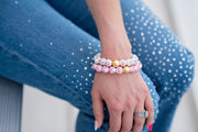 The Camille Chinoiserie Painted Bead Stretchy Bracelet with Brushed Gold Ball - Dark Pink Floral