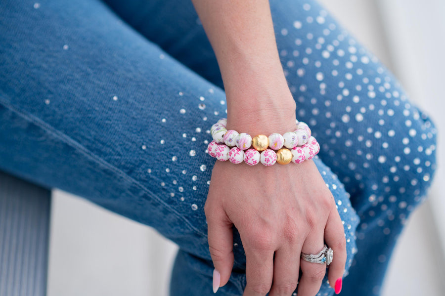 The Camille Chinoiserie Painted Bead Stretchy Bracelet with Brushed Gold Ball - Dark Pink Floral