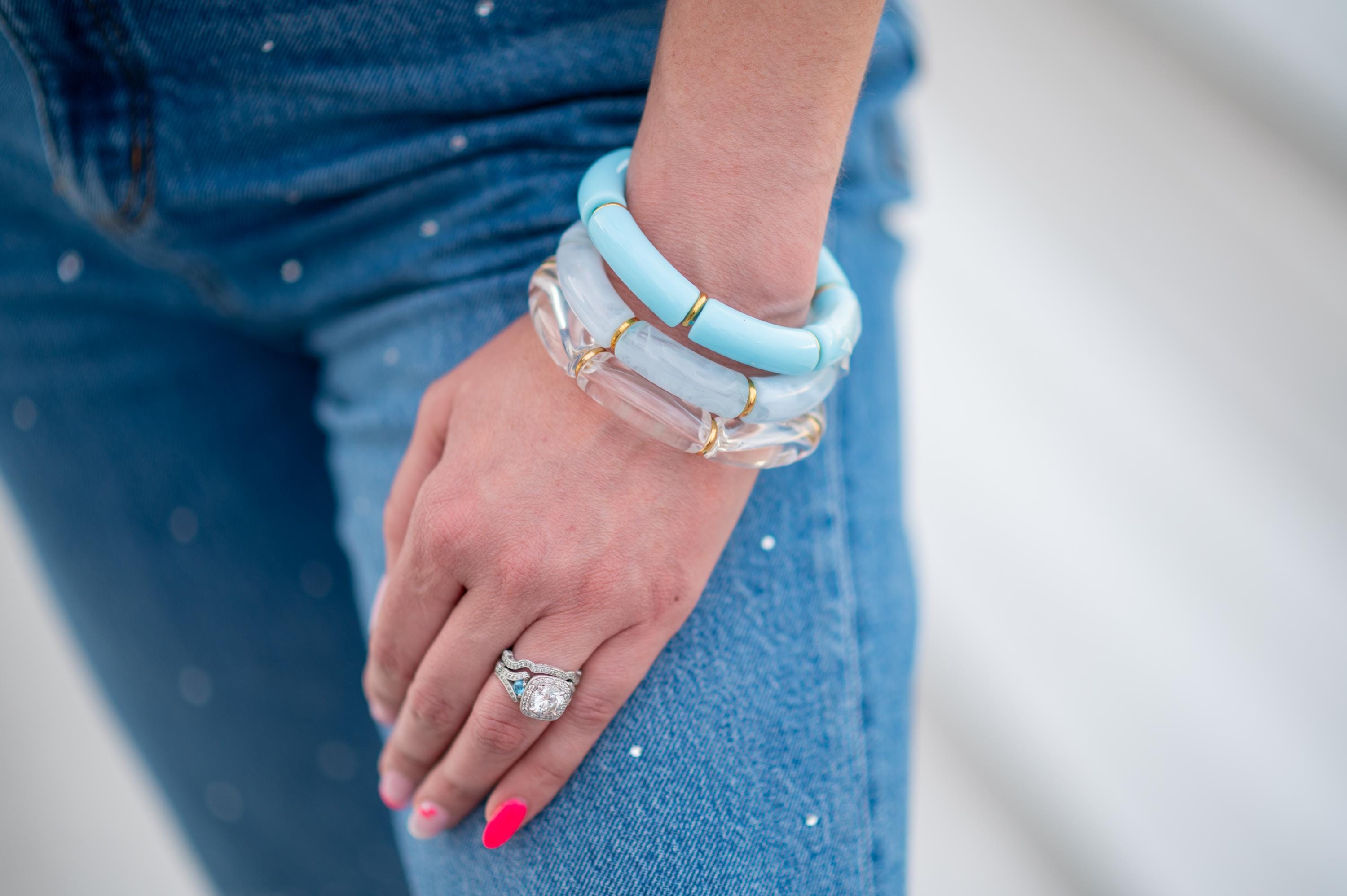 The In the Mood for Love Soft Blue Marbled Stretchy Bracelet Stack Gold or Silver