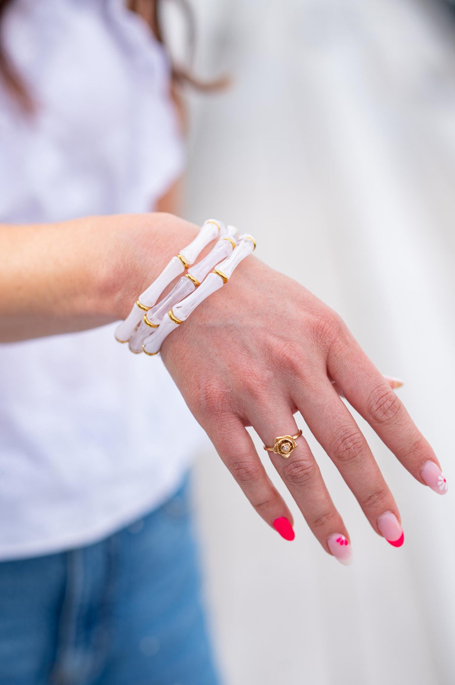 The Thin Bridgette Bamboo Acrylic Bangle Bracelet in Marbled Cloudy White (Gold or Silver)
