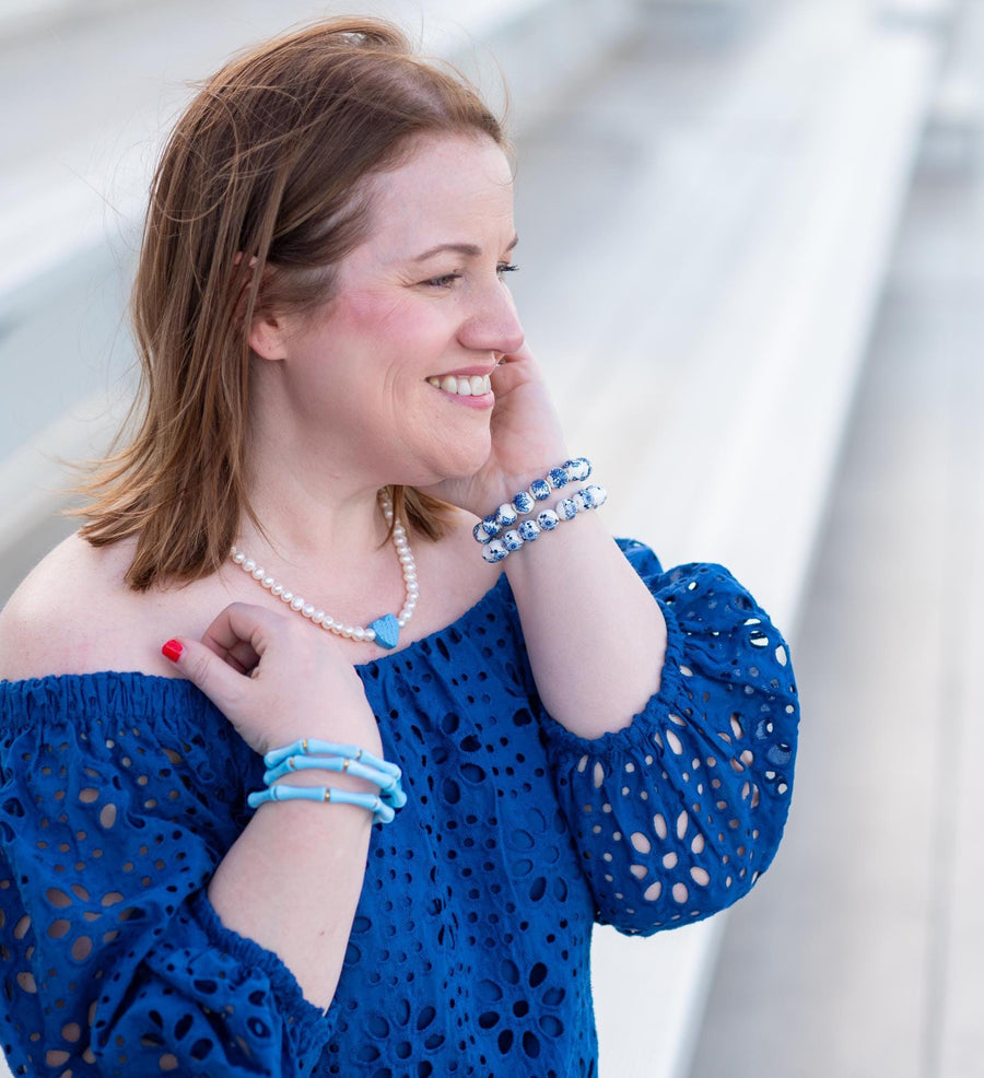 The Thin Bridgette Bamboo Acrylic Bangle Bracelet in Sea Salt Blue (Gold or Silver)