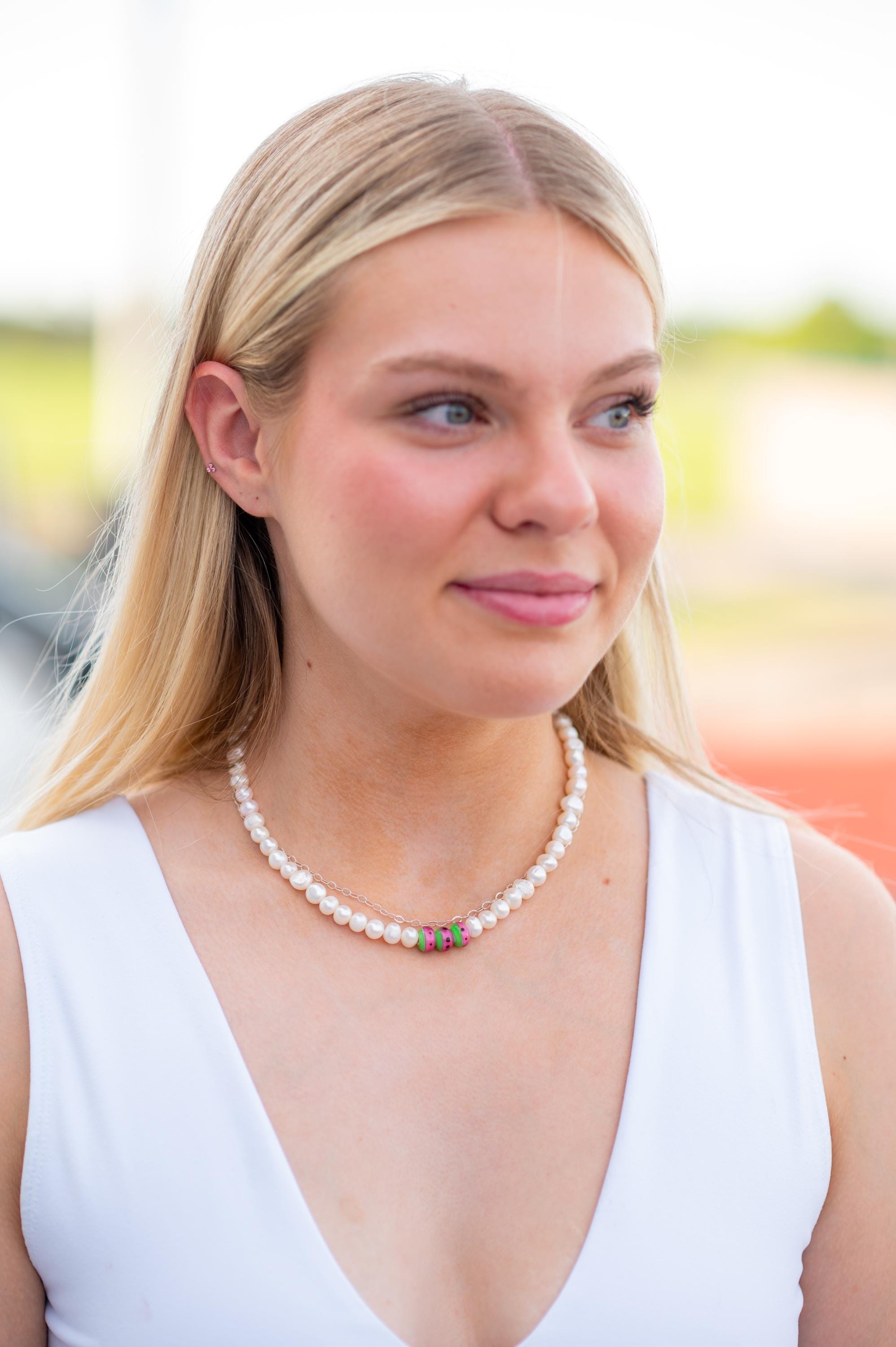 The One in a Melon Authentic Freshwater Pearl Necklace - Hand Painted Glass Beads