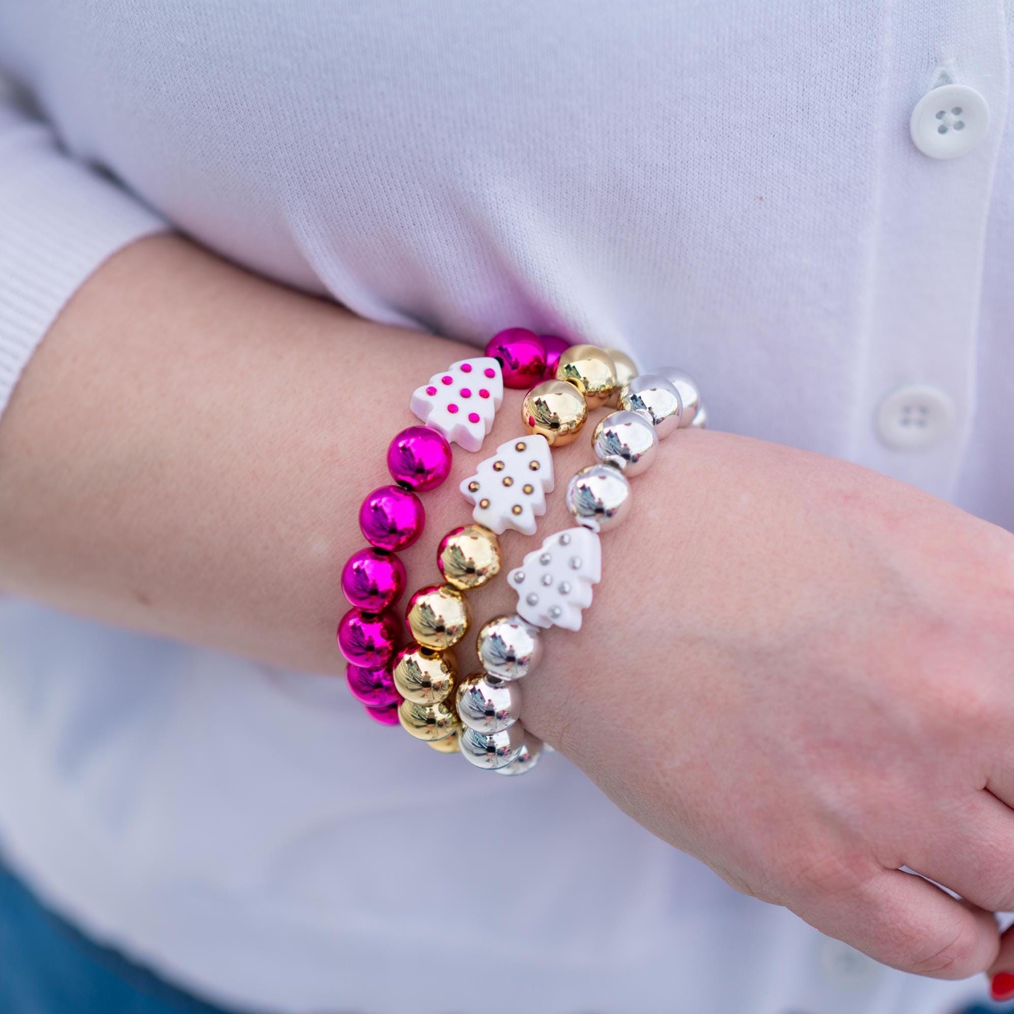 Home for the Holidays Christmas Tree Stretchy Bracelet Stack - Hot Pink