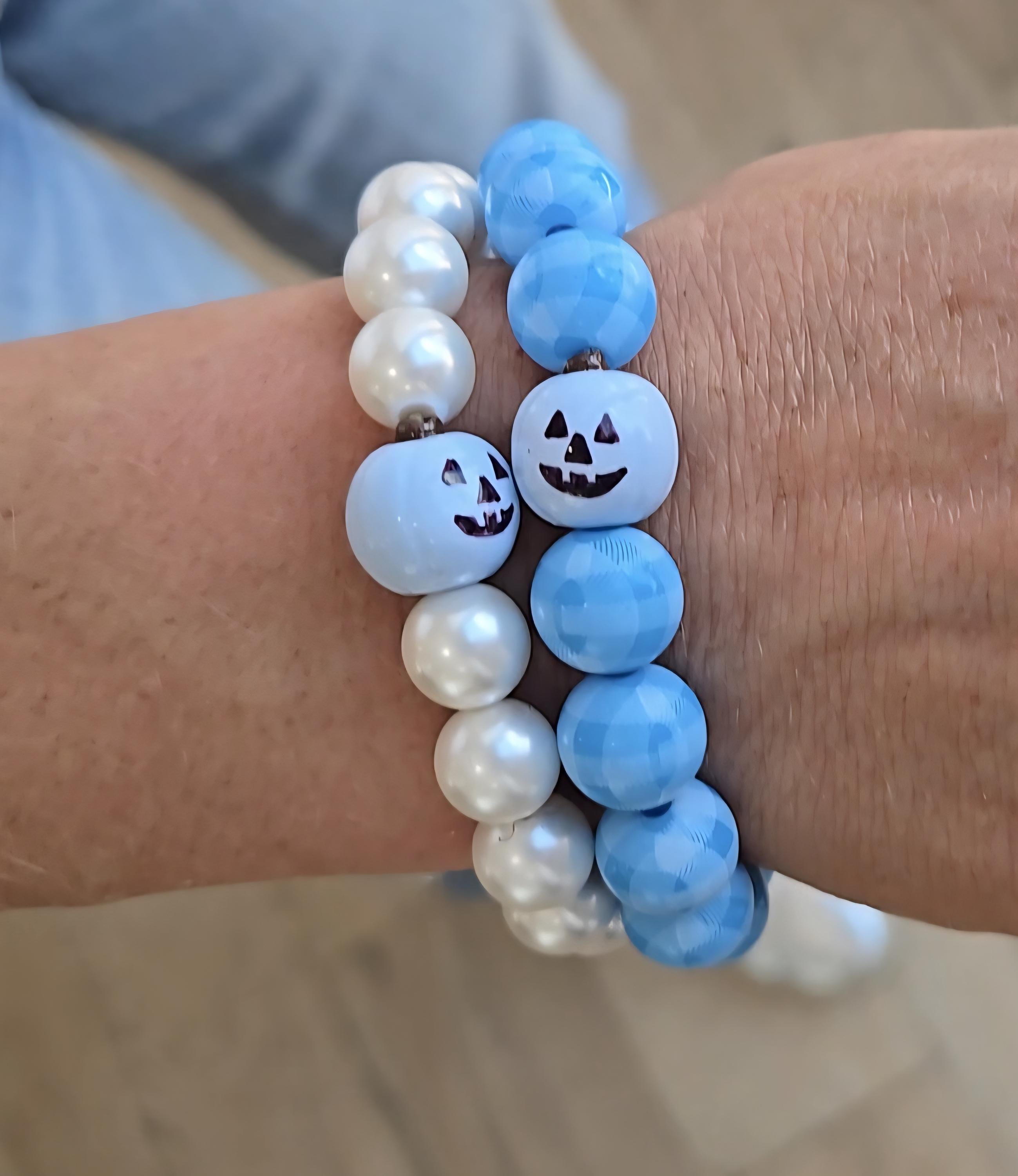 Only Here for the Treats Pumpkin Pearls & Gingham Stretchy Bracelet Stack - Blue