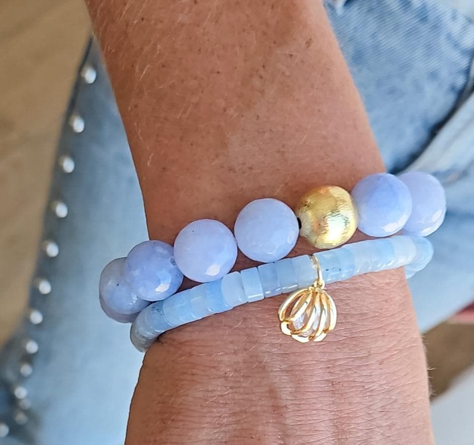 The Alouette Blue Stone Bead Stretchy Bracelet with Brushed Gold Ball