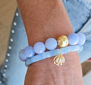 The Alouette Blue Stone Bead Stretchy Bracelet with Brushed Gold Ball