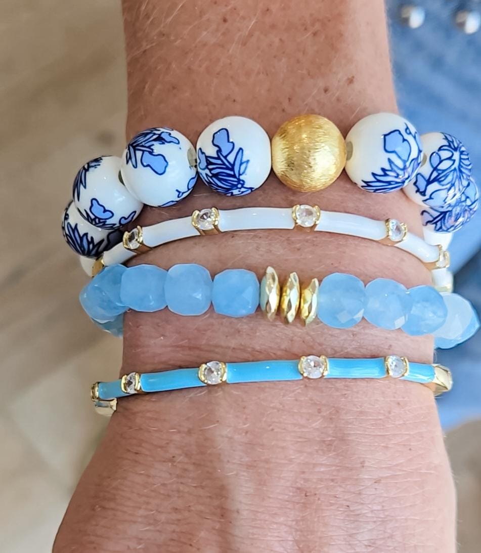 The Camille Chinoiserie Painted Bead Stretchy Bracelet with Brushed Gold Ball - Blue Two Tone Colorway