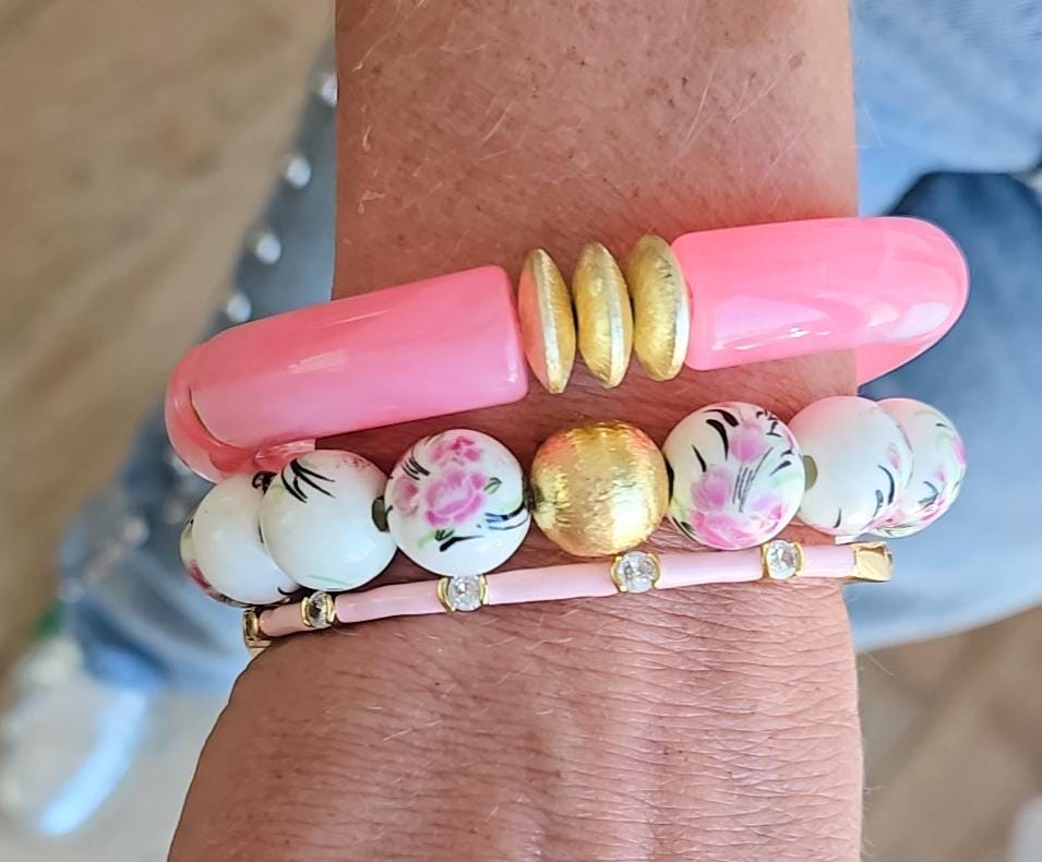 The Camille Chinoiserie Painted Bead Stretchy Bracelet with Brushed Gold Ball - Pink Floral Colorway