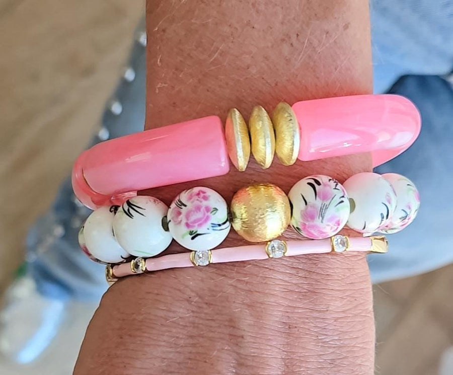 The Camille Chinoiserie Painted Bead Stretchy Bracelet with Brushed Gold Ball - Pink Floral Colorway