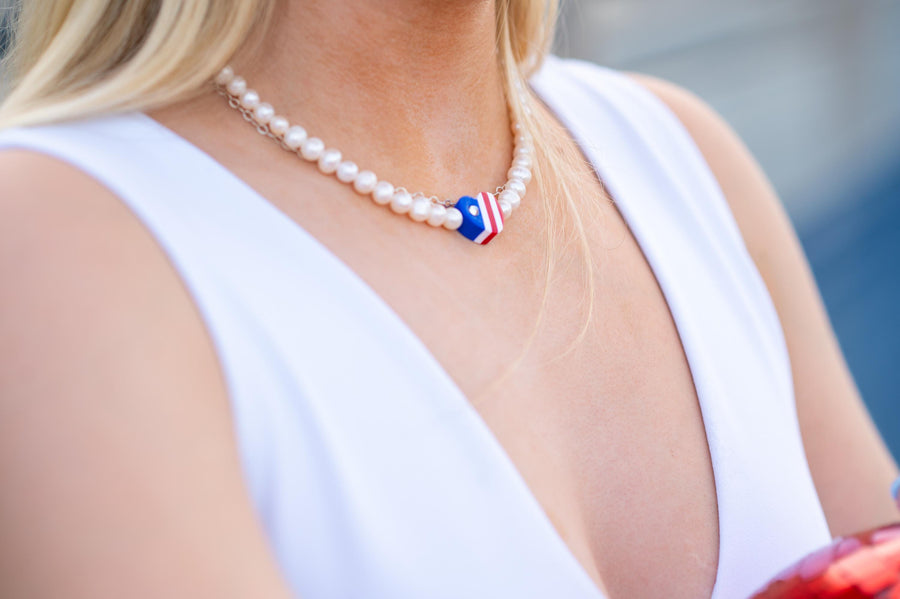 PATRIOTIC HEART & SOUL Authentic Freshwater Pearls Heart Necklace