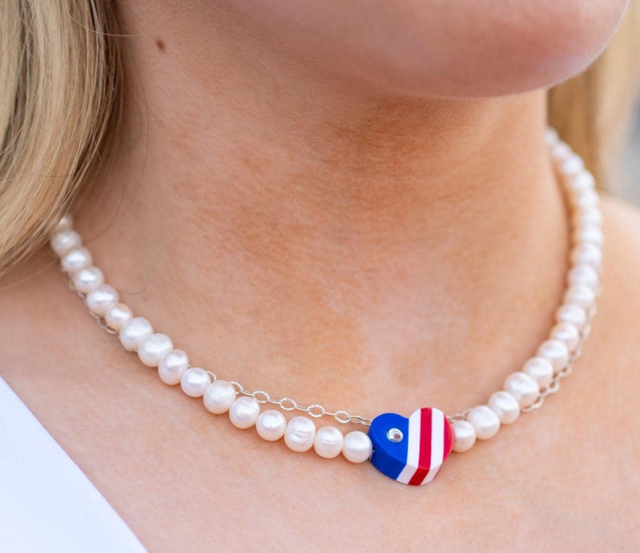 PATRIOTIC HEART & SOUL Authentic Freshwater Pearls Heart Necklace