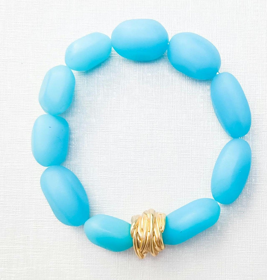 The Saige Sea Glass Bracelet with Gold Center Bead in Electric Blue