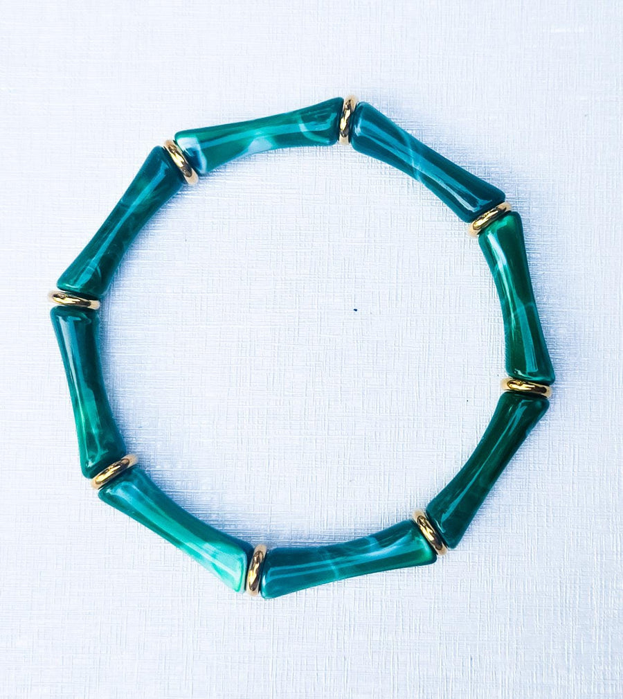 The Thin Bridgette Bamboo Acrylic Bangle Set in Marbled Hunter Green (in Gold or Silver)